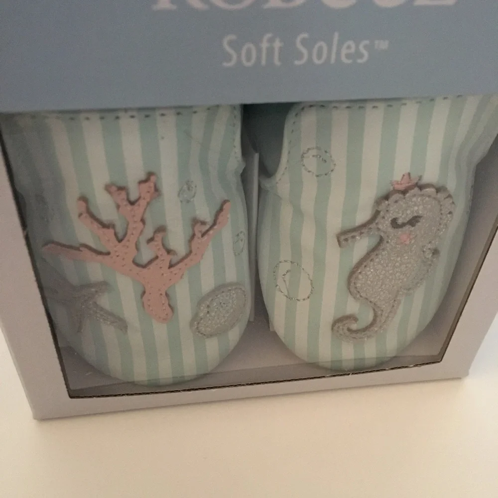 Robeez Soft Soles Baby Shoes in Mint Stripe with Seahorse & Coral 18-24M